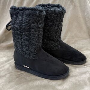 Muk Luks Calf High Cozy Boots Black Suede and Knit Shearling Lining